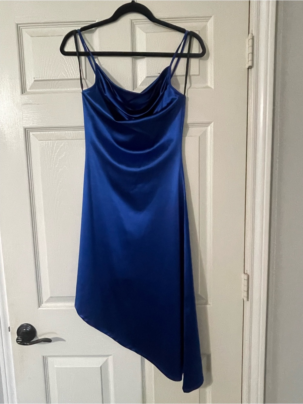 Cowl Neck Asymmetric Satin Slip Dress - Royal Blue